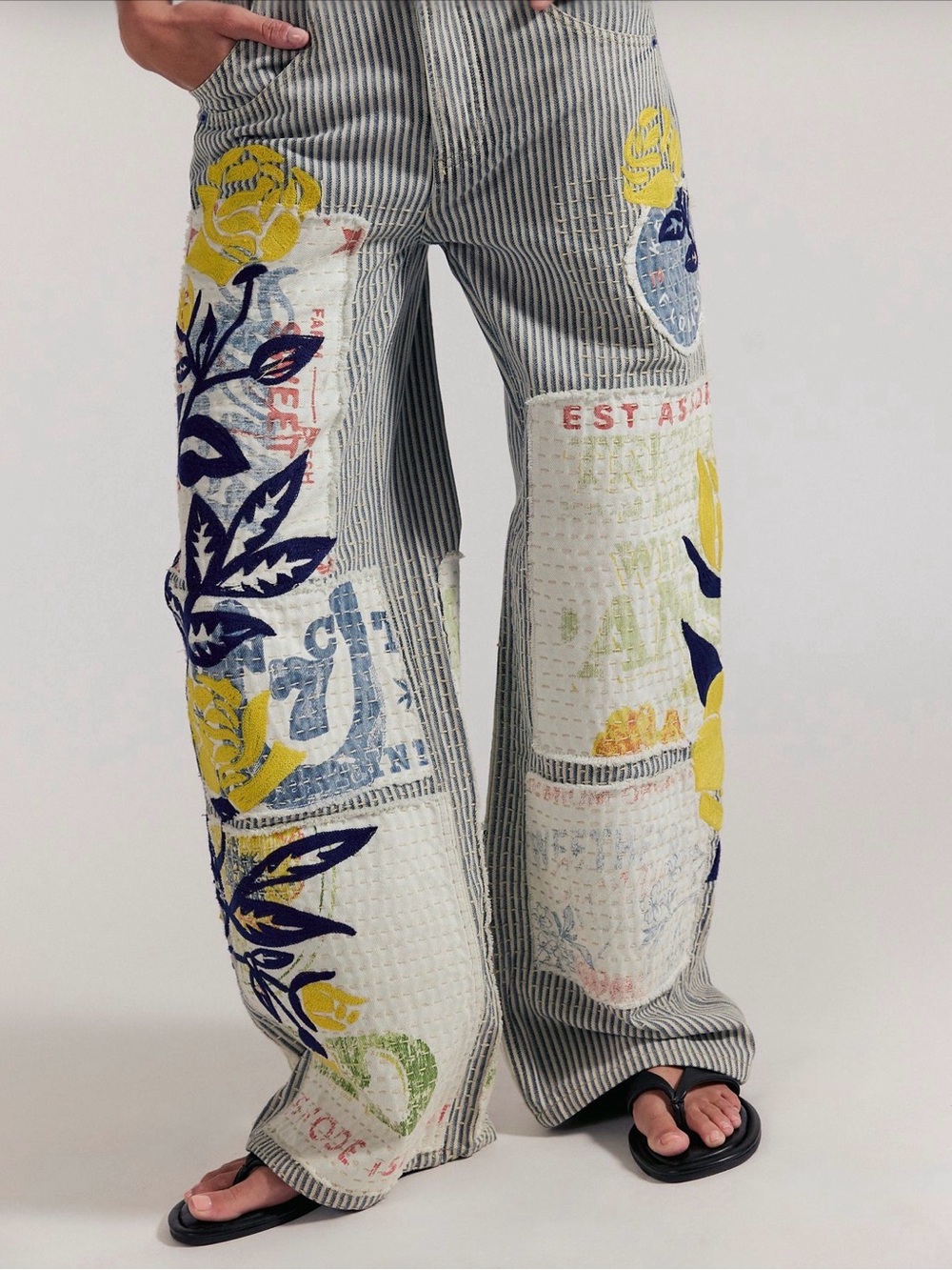 We The Free Striped Wide-Leg Jeans with Yellow & Navy Floral Patchwork
